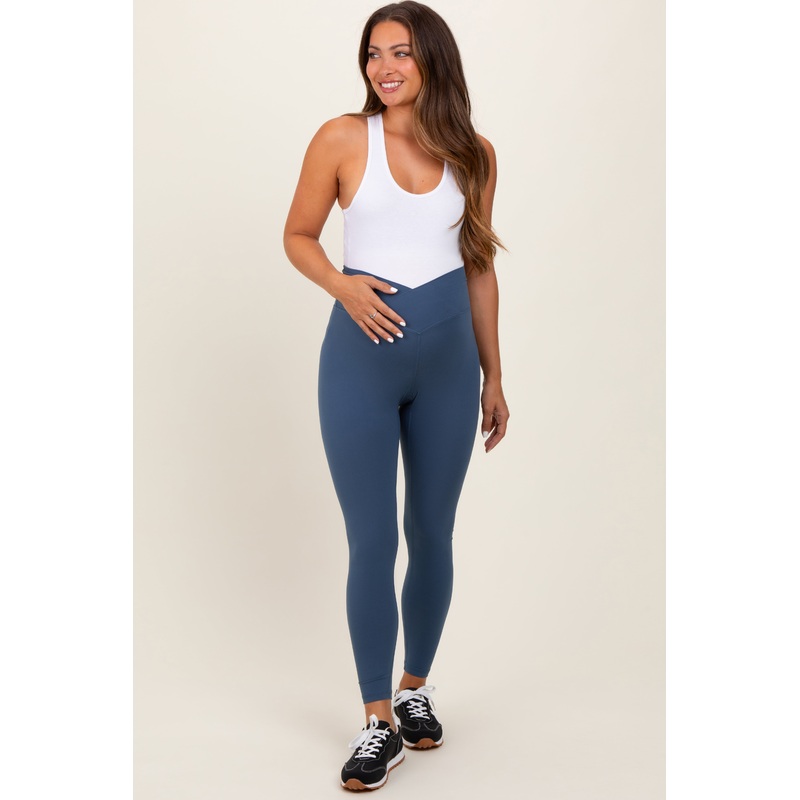 Blue Crossover Waistline Maternity Leggings