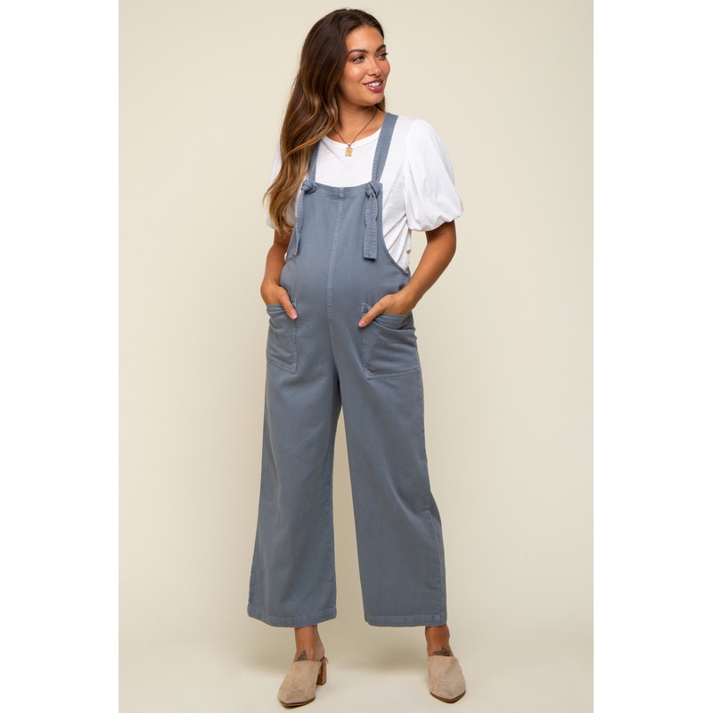 Blue Front Pocket Cropped Maternity Overall