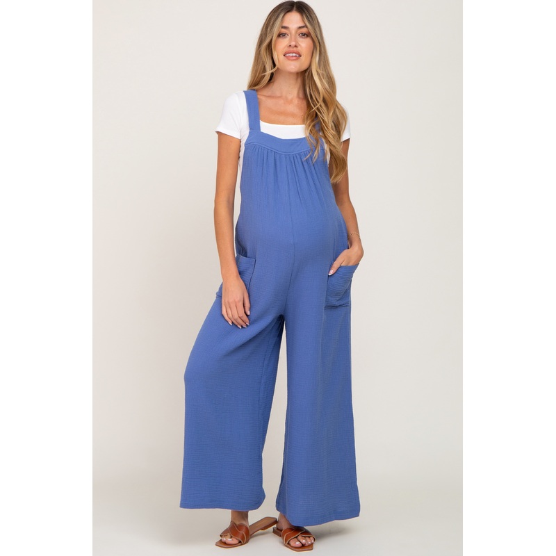 Blue Wide Leg Tie Back Maternity Overalls