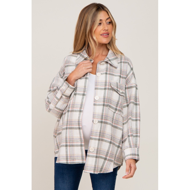 Ivory Plaid Maternity Shirt Jacket