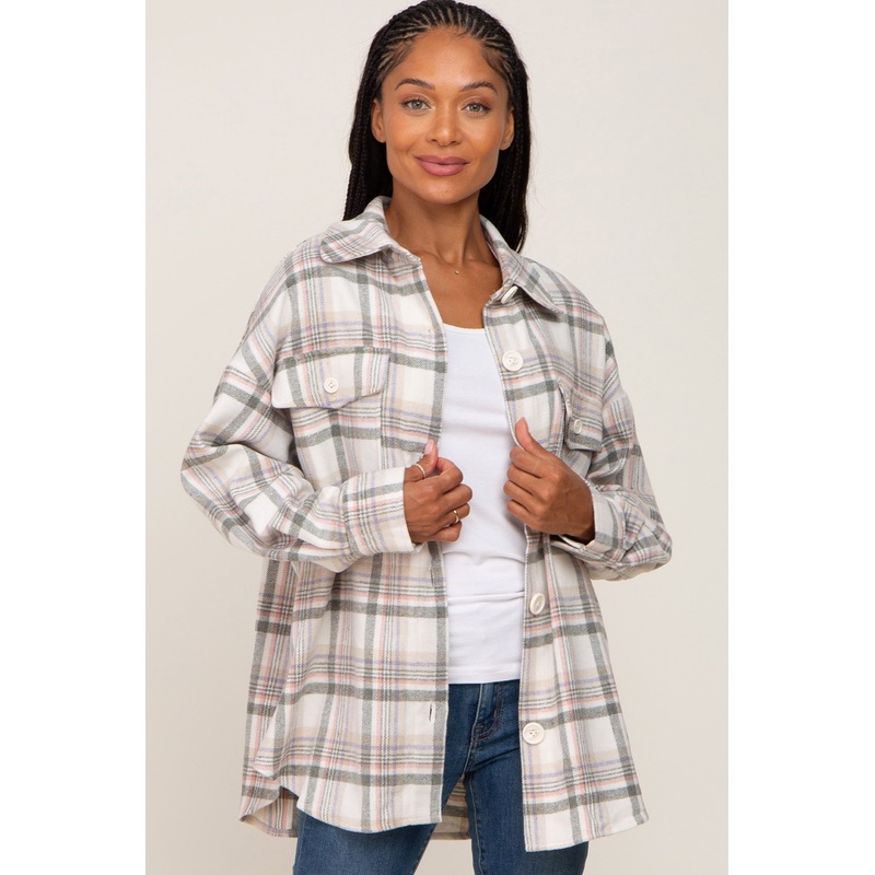 Ivory Plaid Shirt Jacket