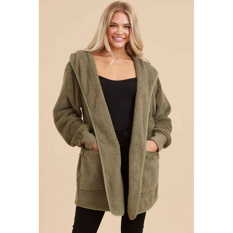 Olive Fuzzy Knit Hooded Jacket