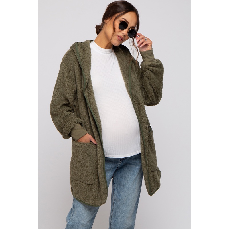 Olive Fuzzy Knit Hooded Maternity Jacket