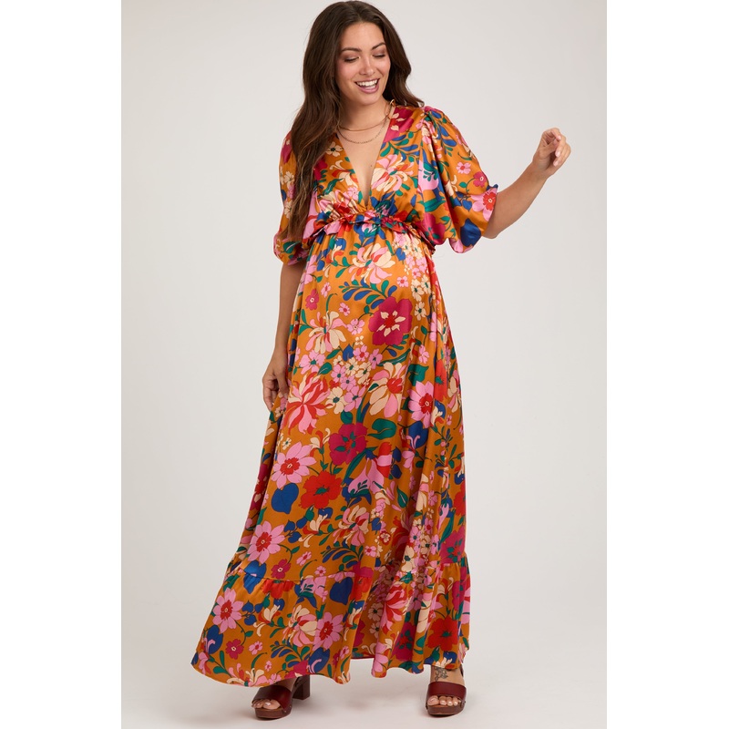 Orange Floral Satin Deep V-Neck Puff Sleeve Maternity Maxi Dress