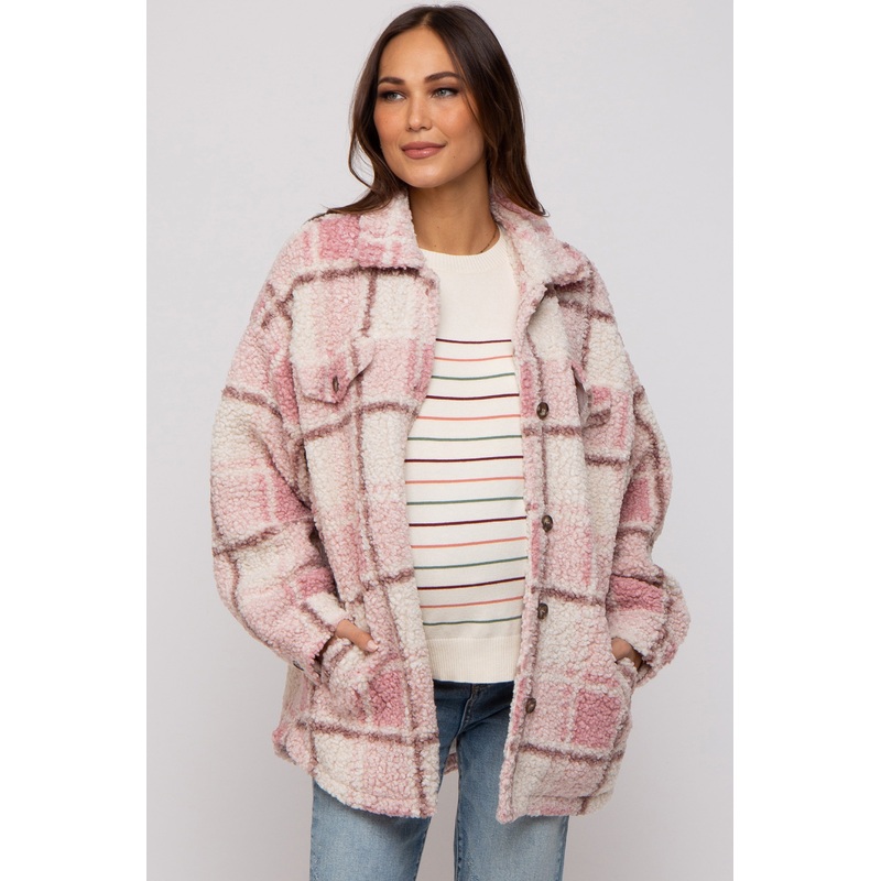 Pink Plaid Sherpa Maternity Jacket