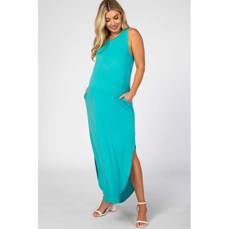 Turquoise Rounded Hem Maternity Maxi Dress