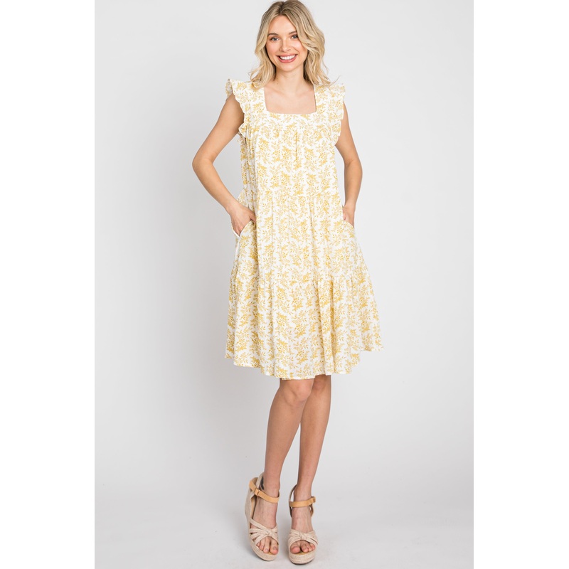 Yellow Floral Square Neck Ruffle Sleeve Tiered Dress