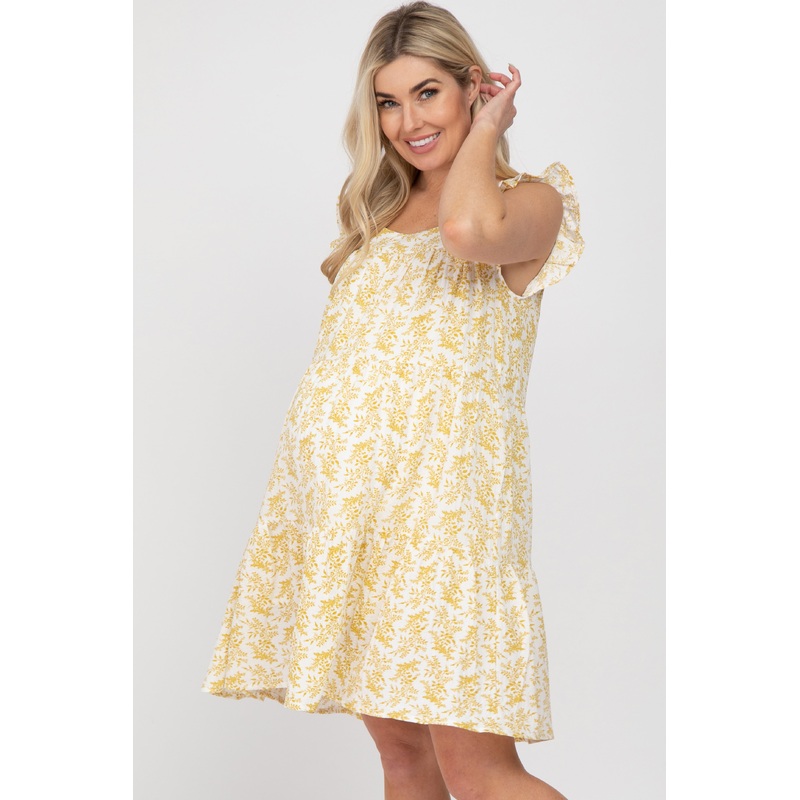 Yellow Floral Square Neck Ruffle Sleeve Tiered Maternity Dress