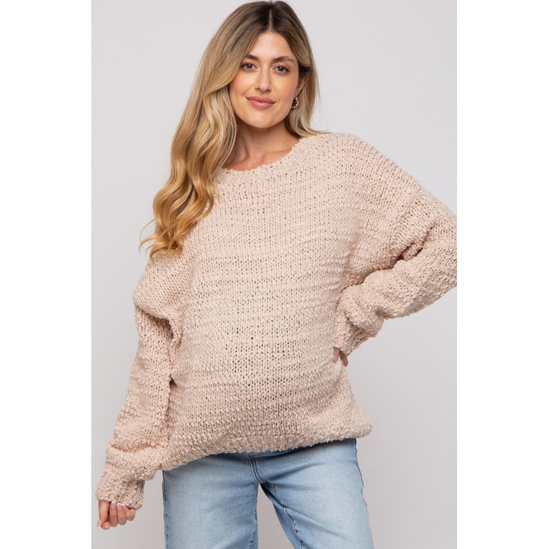 Beige Chunky Loose Knit Maternity Sweater