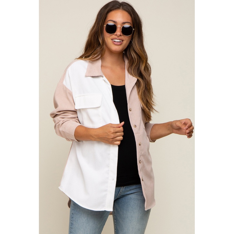 Beige Color Blocked Corduroy Button Down Maternity Top
