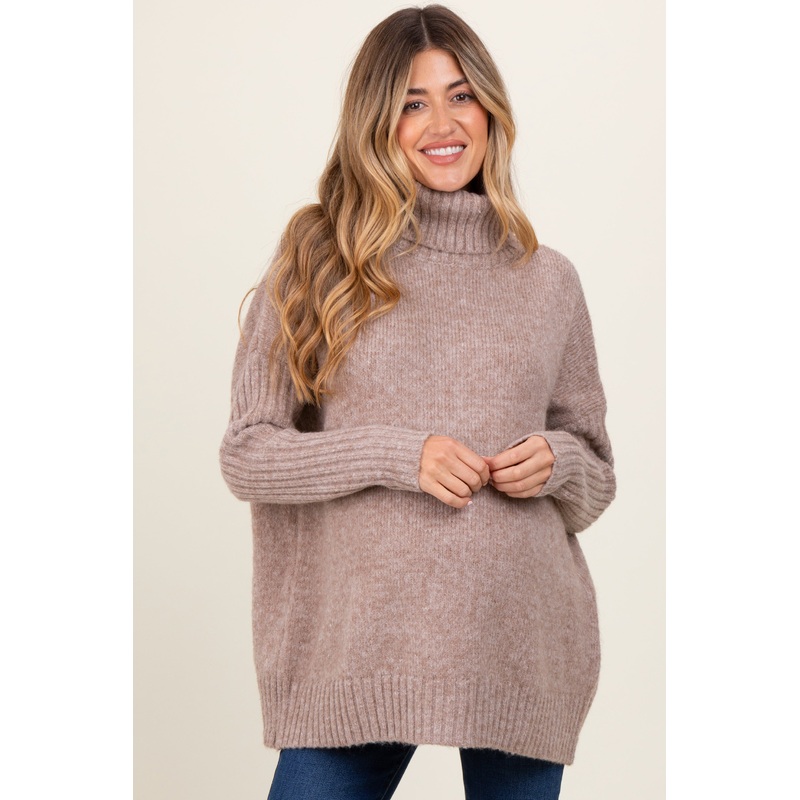 Beige Contrast Ribbed Knit Turtleneck Maternity Sweater
