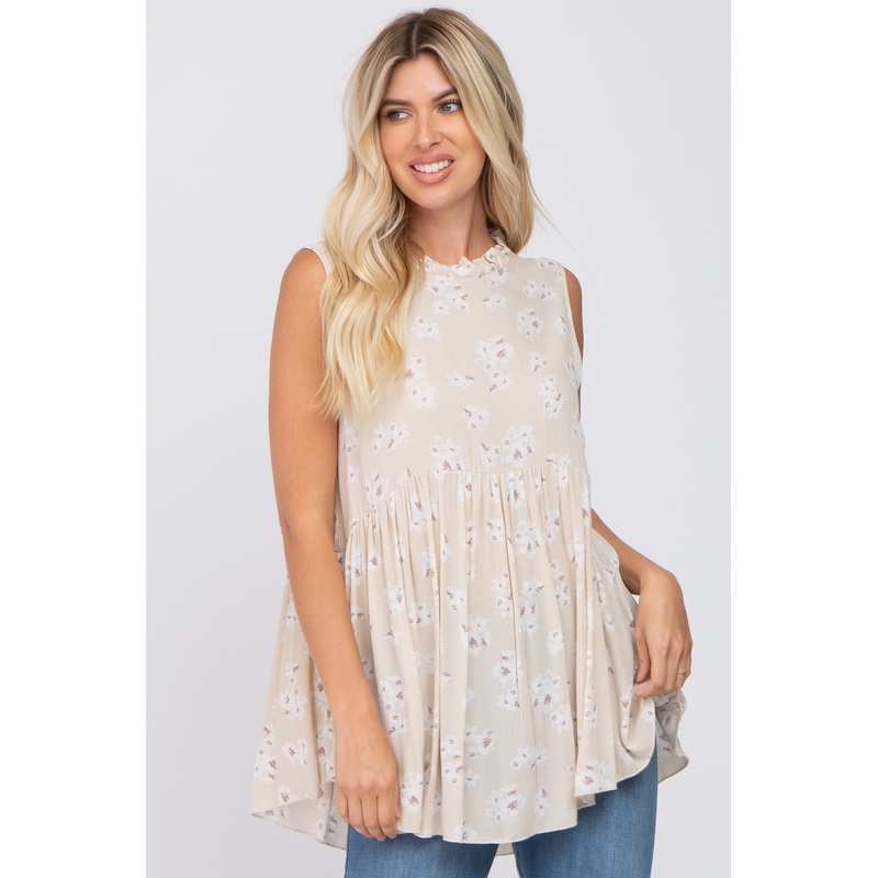 Beige Floral Ruffle Mock Neck Babydoll Blouse