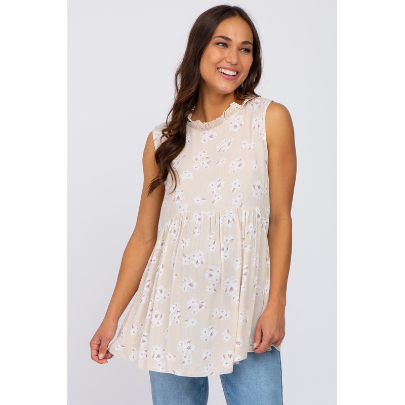 Beige Floral Ruffle Mock Neck Babydoll Maternity Blouse