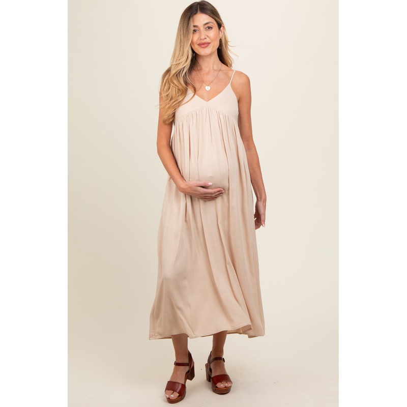 Beige Flowy Maternity Maxi Dress