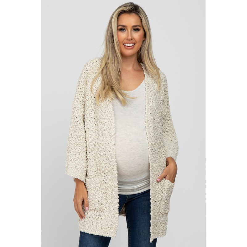 Beige Soft Popcorn Knit Maternity Cardigan