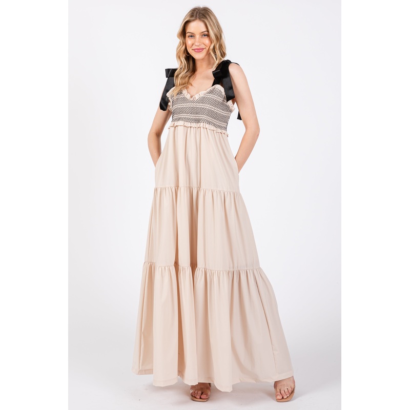 Beige Sweetheart Neck Smocked Embroidered Ribbon Shoulder Tie Midi Dress