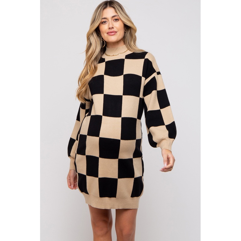 Black Checkered Knit Maternity Sweater Dress