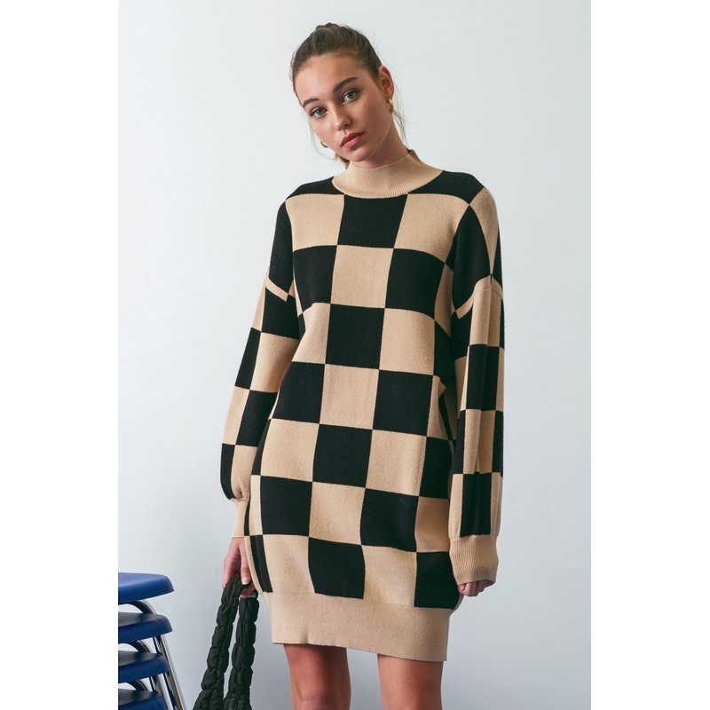 Black Checkered Knit Sweater Dress