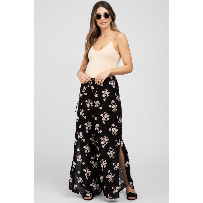 Black Floral Split Hem Maternity Pants