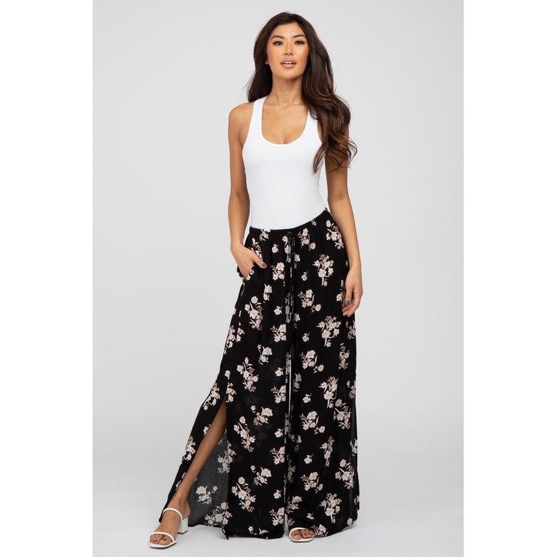 Black Floral Split Hem Pants