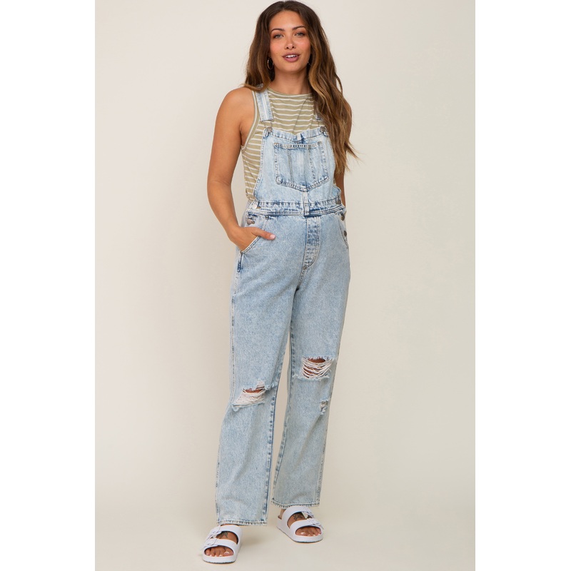 Light Wash Distressed Denim Maternity Overalls