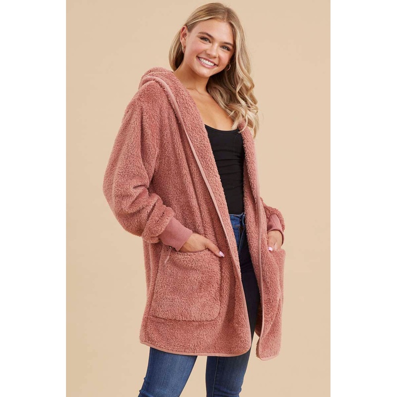 Mauve Fuzzy Knit Hooded Jacket