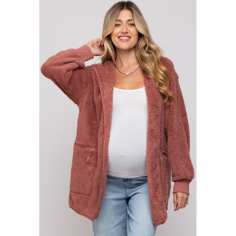 Mauve Fuzzy Knit Hooded Maternity Jacket