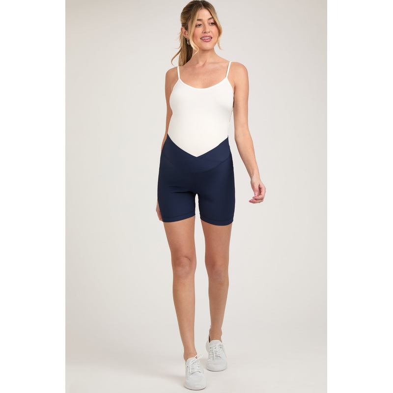 Navy Ribbed Crisscross Maternity Biker Shorts