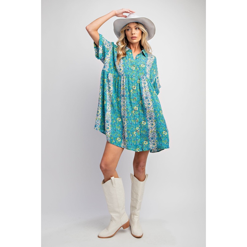 Turquoise Floral Button Down Dress