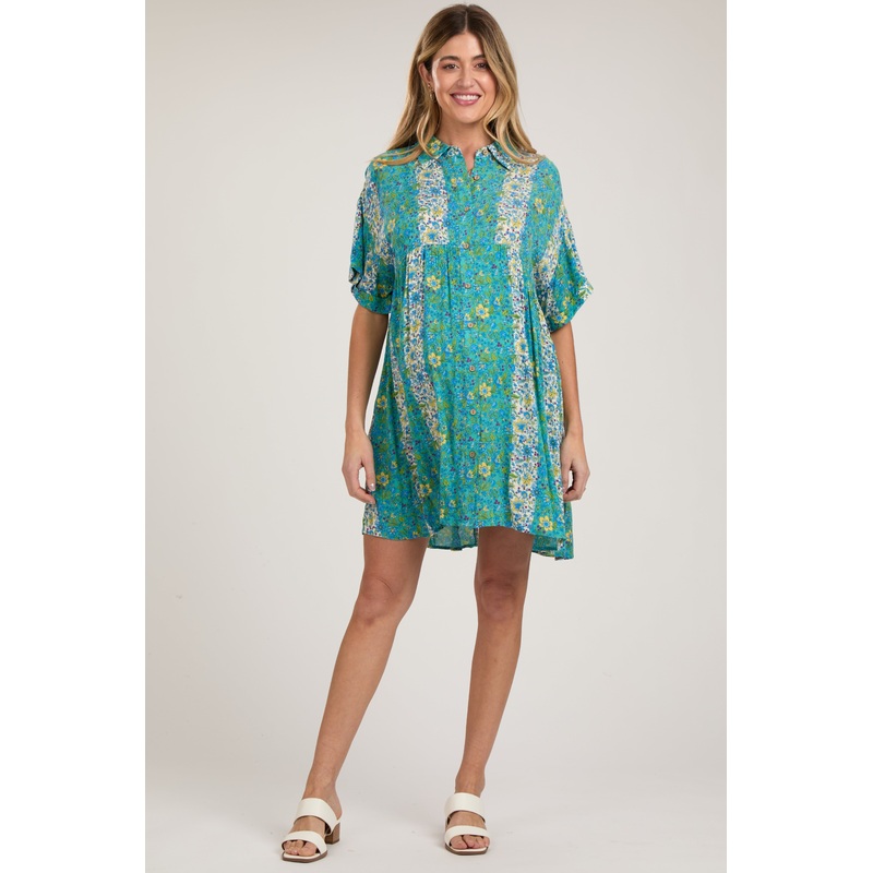 Turquoise Floral Button Down Maternity Dress