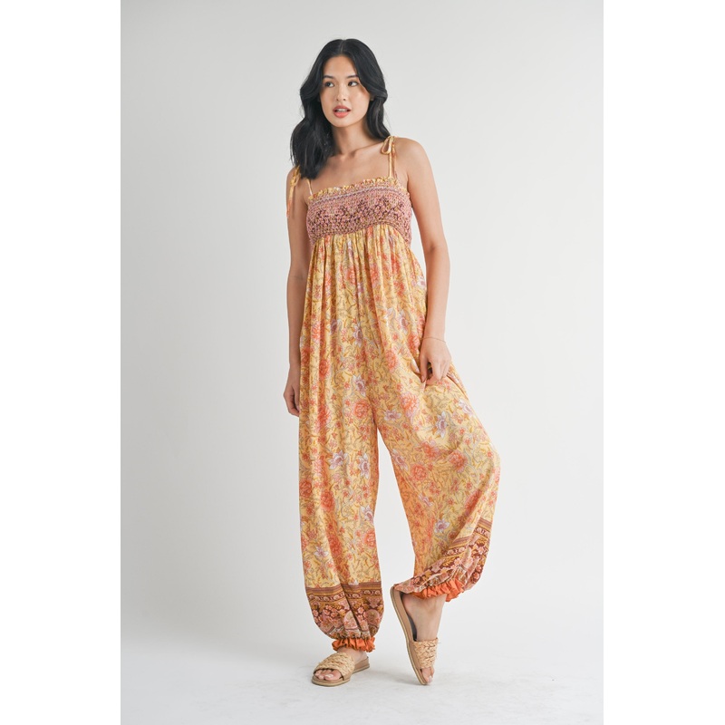 Yellow Floral Border Print Smocked Shoulder Tie Jumpsuit