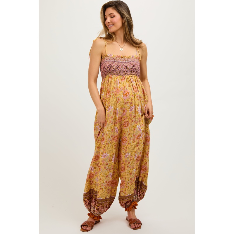 Yellow Floral Border Print Smocked Shoulder Tie Maternity Jumpsuit