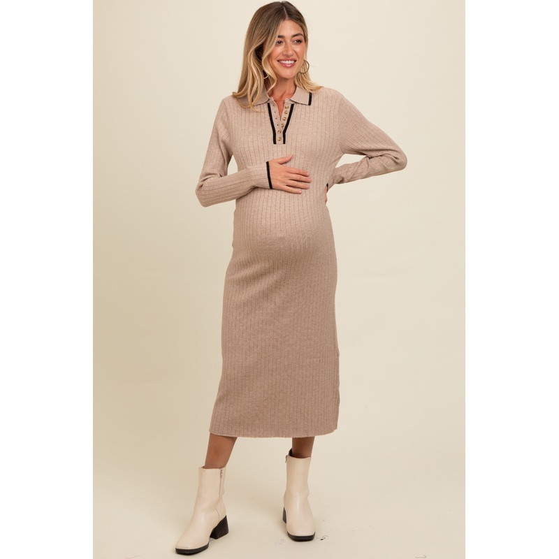 Beige Ribbed Contrast Trim Polo Maternity Midi Sweater Dress