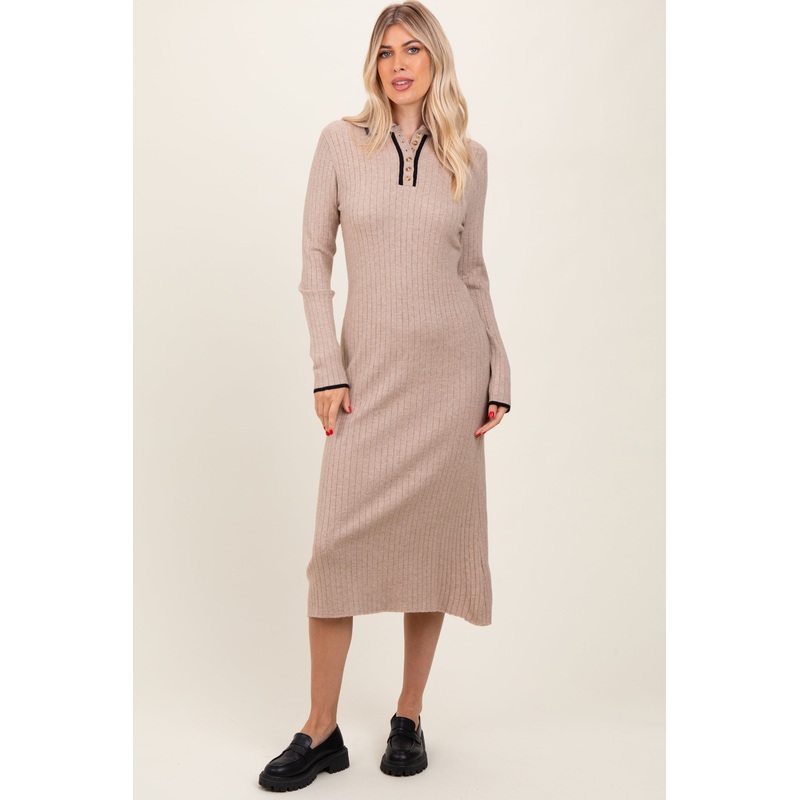 Beige Ribbed Contrast Trim Polo Midi Sweater Dress
