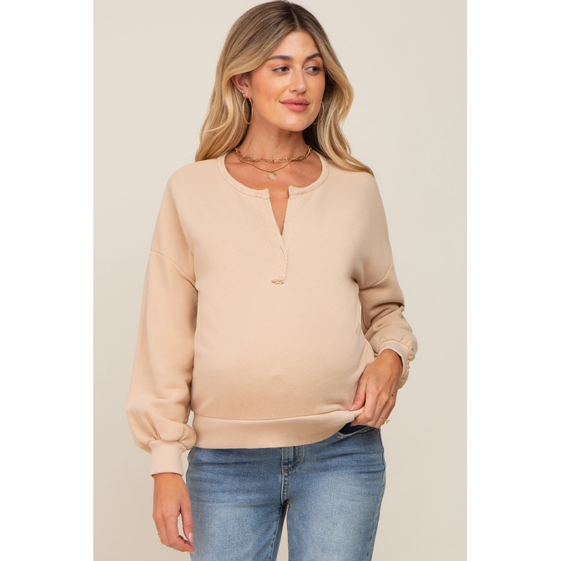 Beige Split V-Neck Long Sleeve Maternity Sweatshirt
