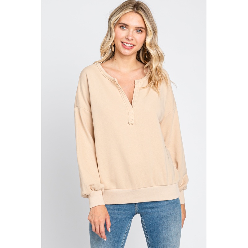 Beige Split V-Neck Long Sleeve Sweatshirt