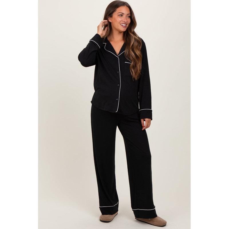 Black Button Down Top Wide Leg Pant Maternity Pajama Set
