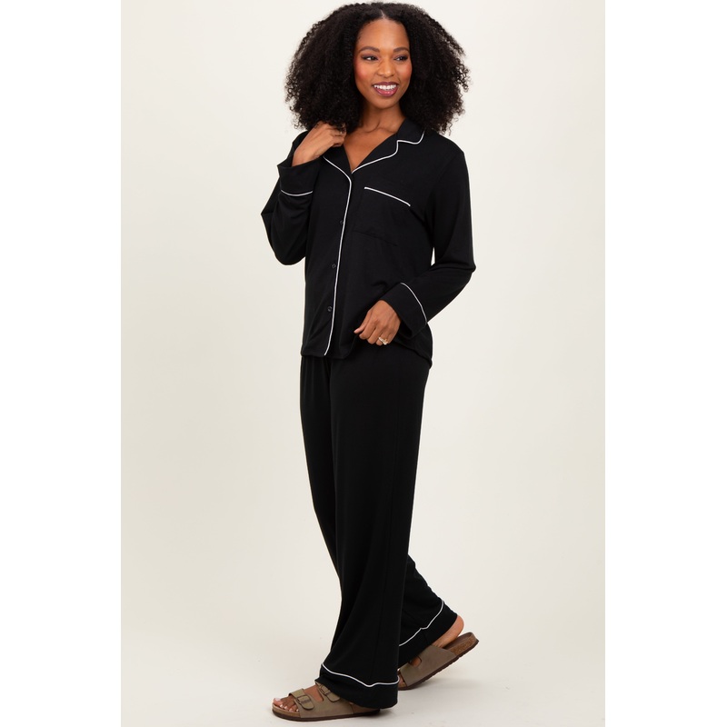 Black Button Down Top Wide Leg Pant Pajama Set