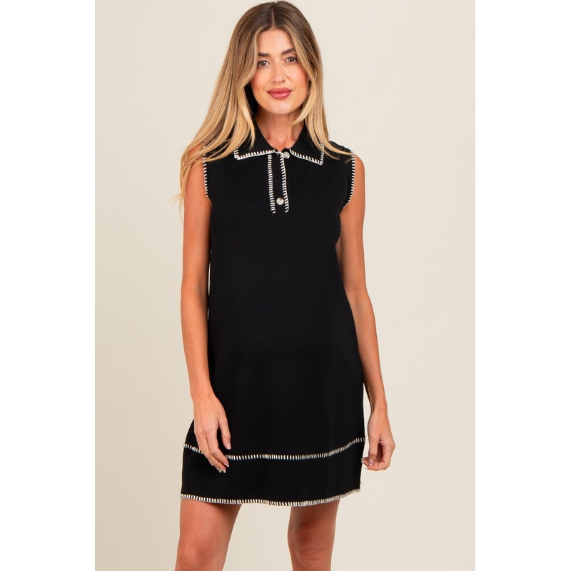 Black Contrast Stitch Maternity Polo Dress