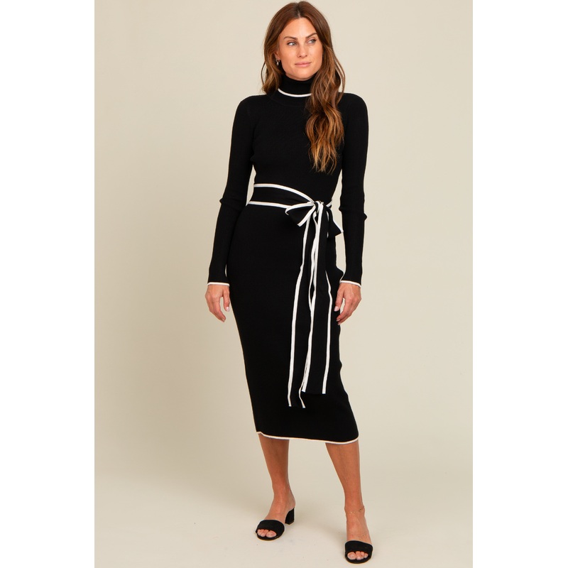 Black Contrast Trim Turtleneck Sweater Dress