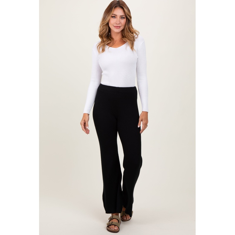 Black Ribbed Knit Flare Pants