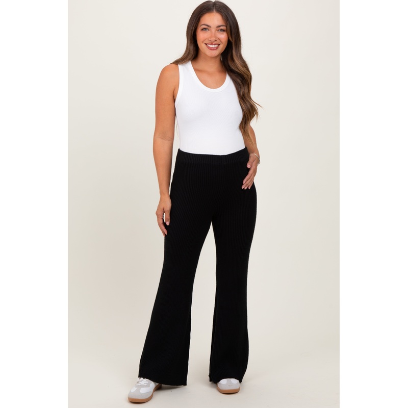 Black Ribbed Knit Maternity Flare Pants