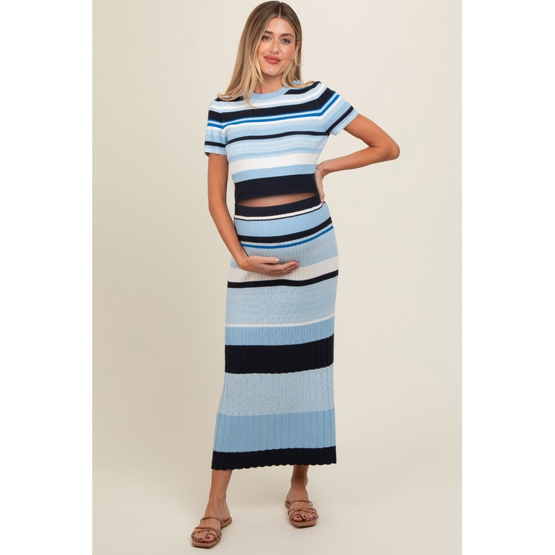 Blue Ribbed Striped Maternity Skirt Set