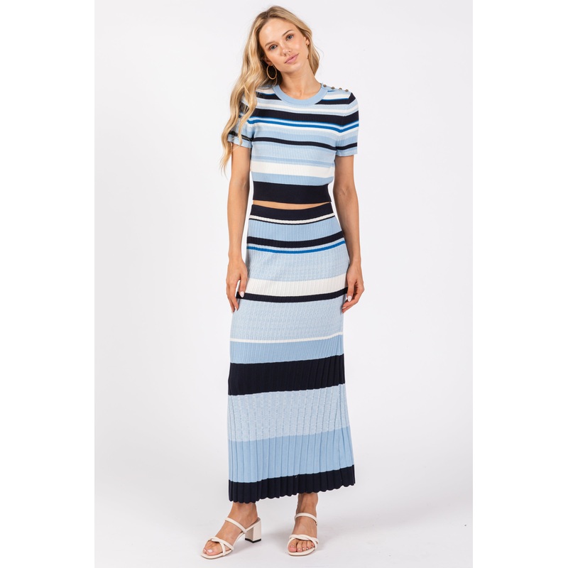Blue Ribbed Striped Skirt Set