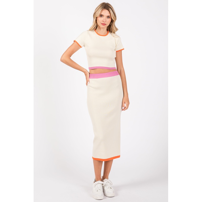 Cream Colorblock Crop Top and Skirt Set