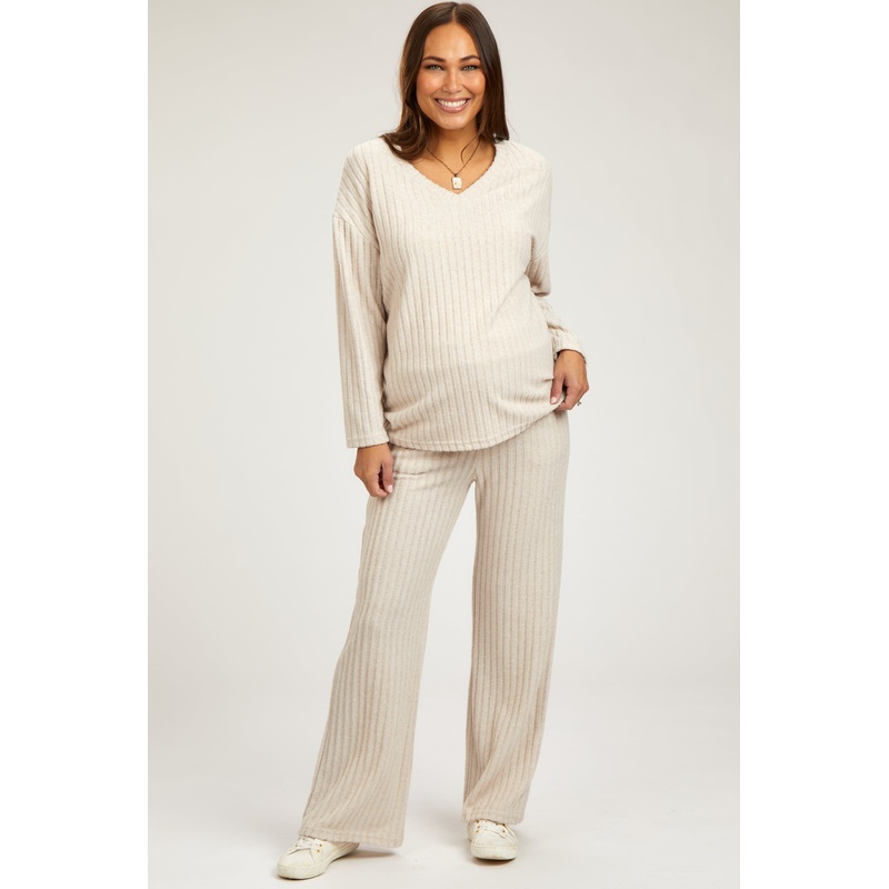 Cream Ribbed Soft Knit Long Sleeve Maternity Pajama Set