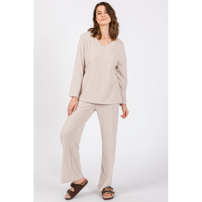Cream Ribbed Soft Knit Long Sleeve Pajama Set