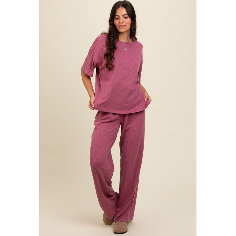Mauve Textured Knit Oversized Tee And Pants Set