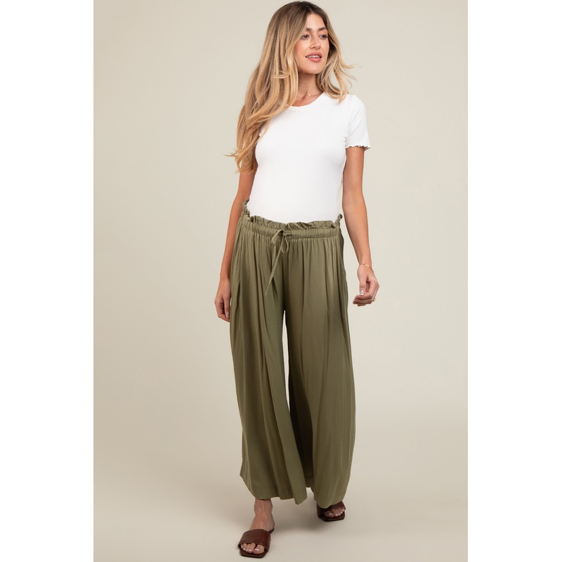 Olive Pleated Elastic Waist Wide Leg Crop Maternity Pants