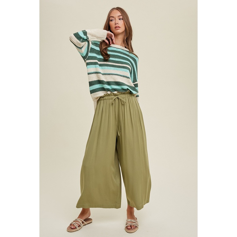 Olive Pleated Elastic Waist Wide Leg Crop Pants